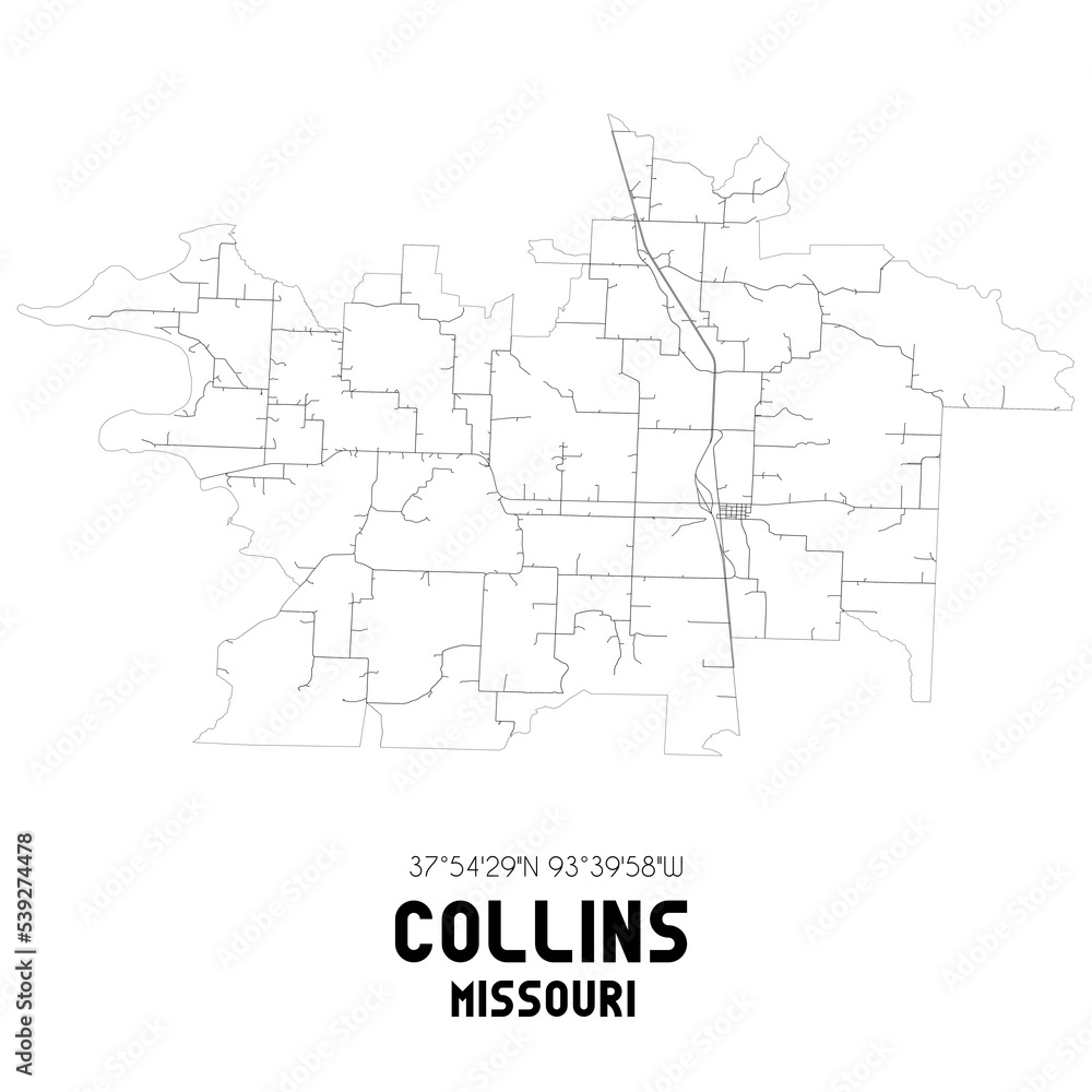Collins Missouri. US street map with black and white lines.