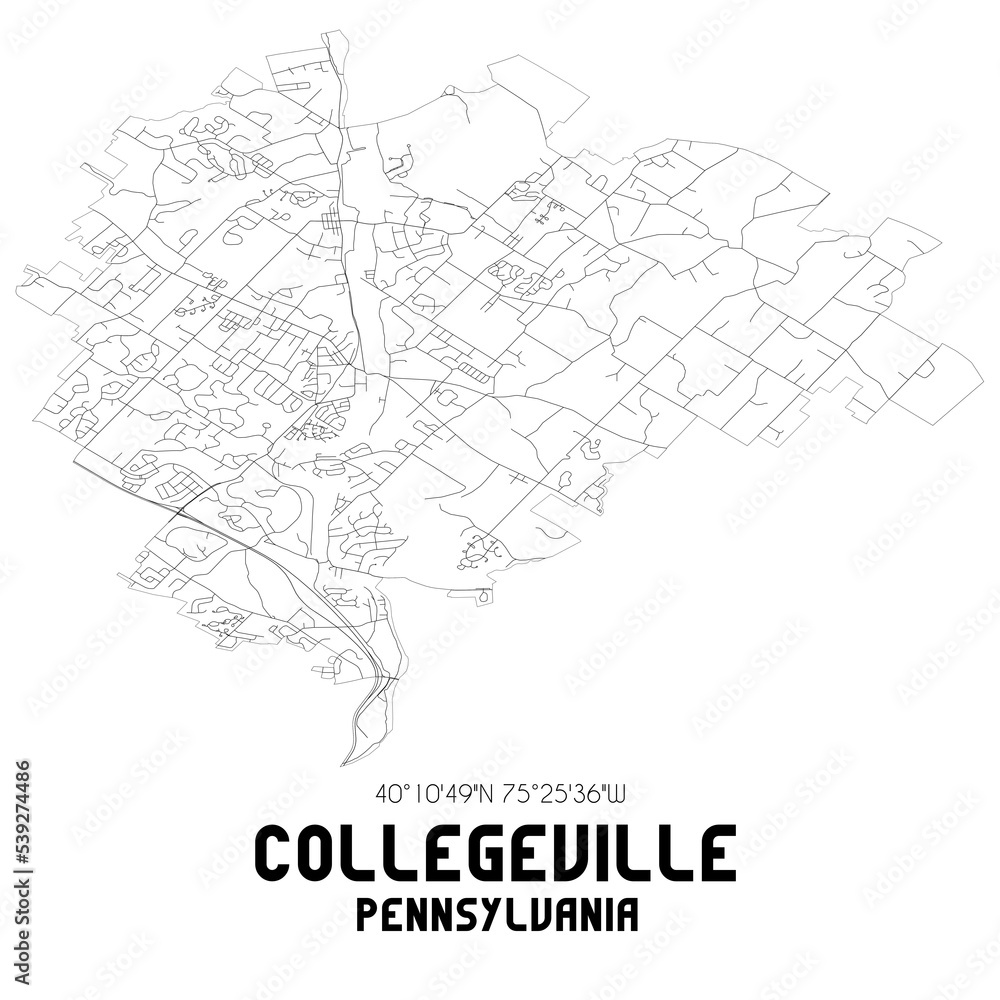 Collegeville Pennsylvania. US street map with black and white lines.