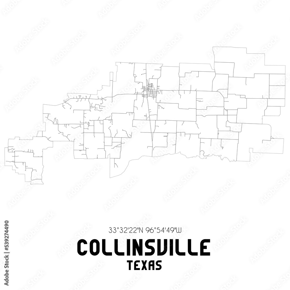 Collinsville Texas. US street map with black and white lines.