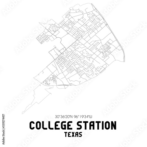 College Station Texas. US street map with black and white lines.