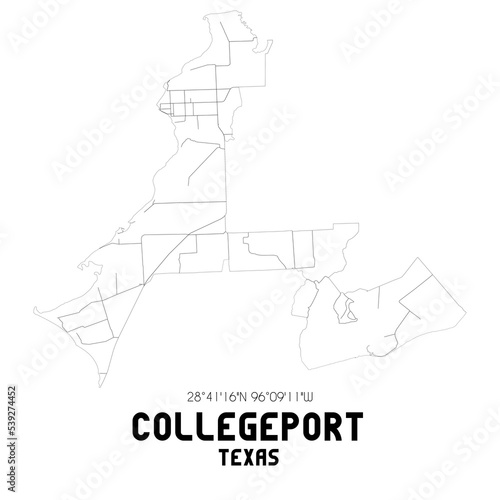 Collegeport Texas. US street map with black and white lines.