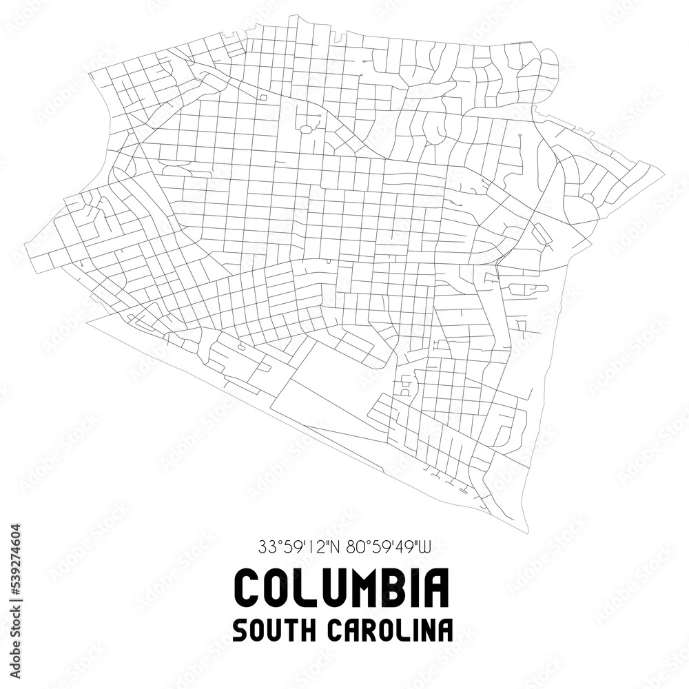 Columbia South Carolina. US street map with black and white lines.