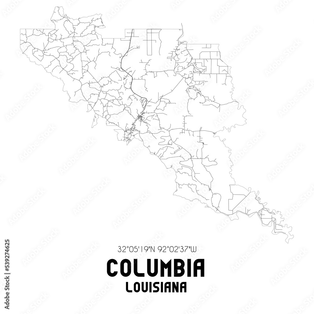 Columbia Louisiana. US street map with black and white lines.