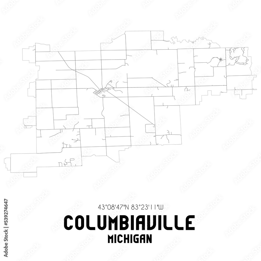 Columbiaville Michigan. US street map with black and white lines.