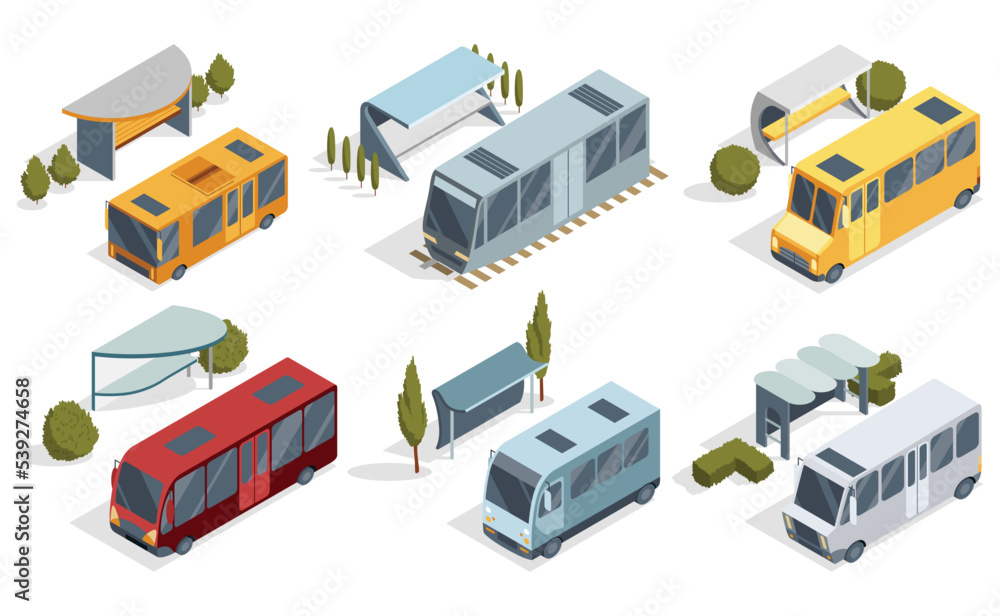 City transport isometric set with waiting station without people. Public urban transportation infographic illustration.Town traffic. Vector modern 3d concept. Bus stop isolated on white background City transport isometric set with waiting station without people. Public urban transportation infographic illustration.Town traffic. Vector modern 3d concept. Bus stop isolated on white background
