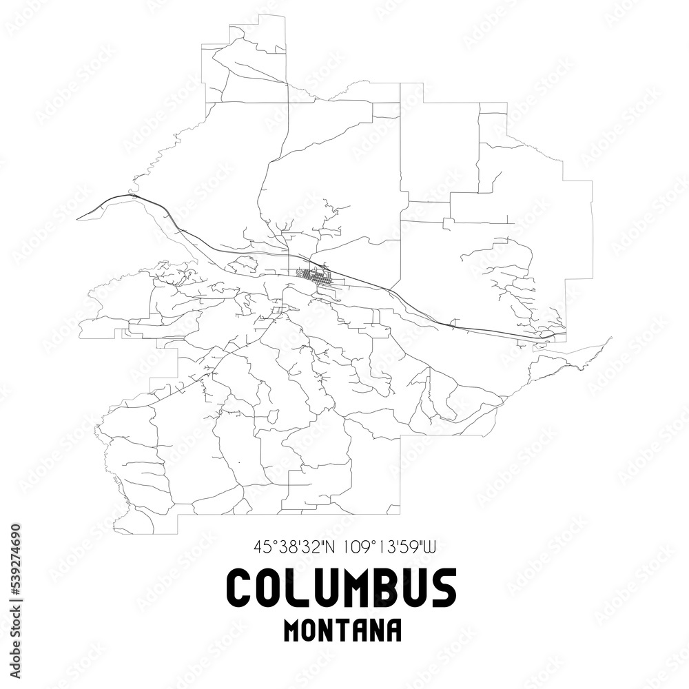 Columbus Montana. US street map with black and white lines.