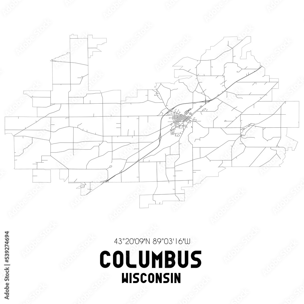 Columbus Wisconsin. US street map with black and white lines.
