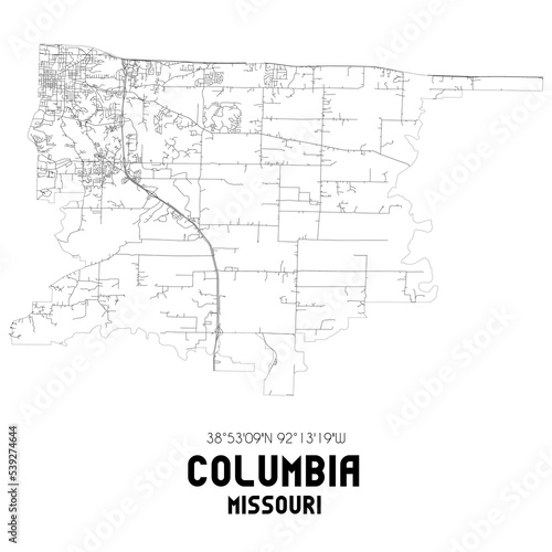 Columbia Missouri. US street map with black and white lines.