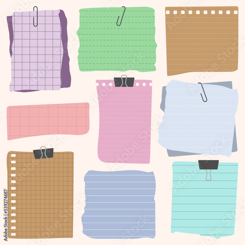 Collection of colorful empty sticky papers. Note sheets, sticky papers with paper clips