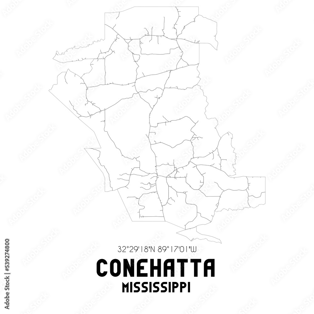 Conehatta Mississippi. US street map with black and white lines.