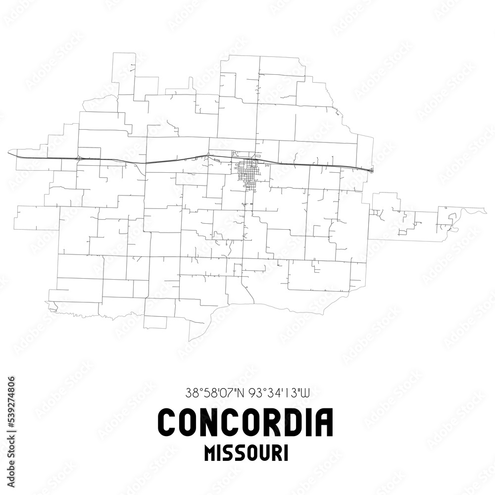 Concordia Missouri. US street map with black and white lines.