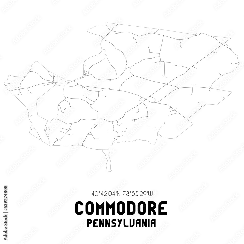 Commodore Pennsylvania. US street map with black and white lines.