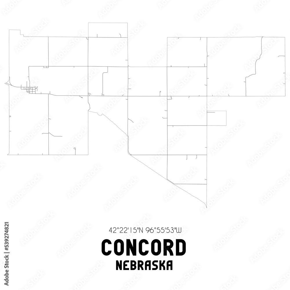 Concord Nebraska. US street map with black and white lines.