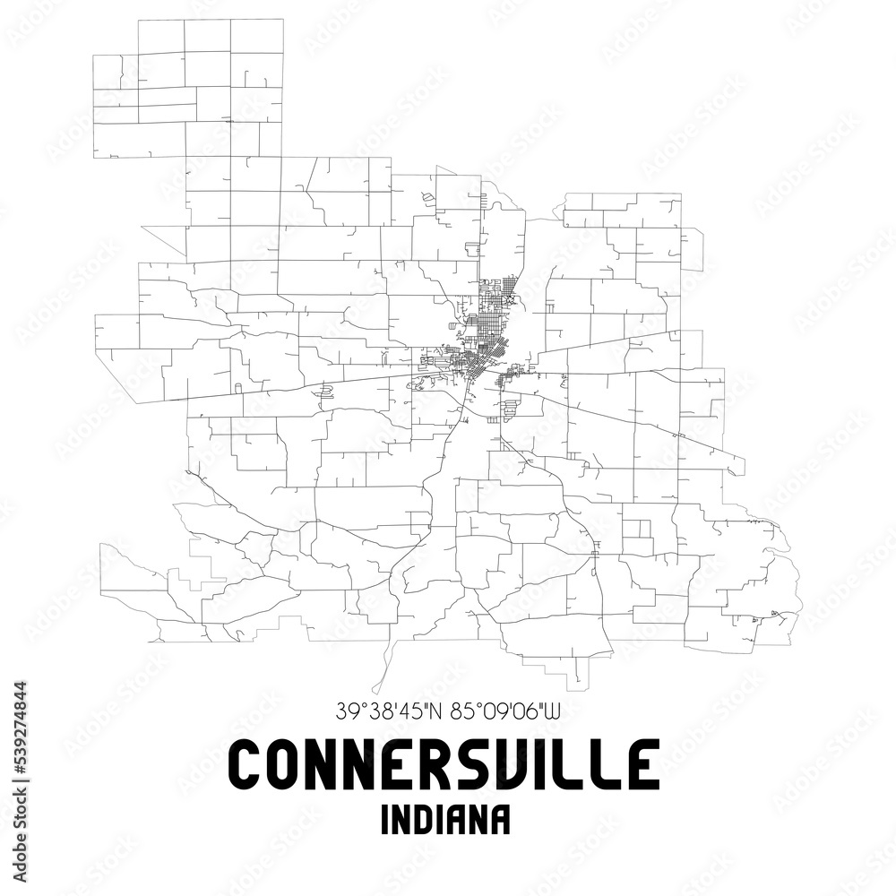 Connersville Indiana. US street map with black and white lines.