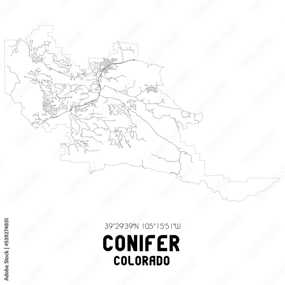 Conifer Colorado. US street map with black and white lines.
