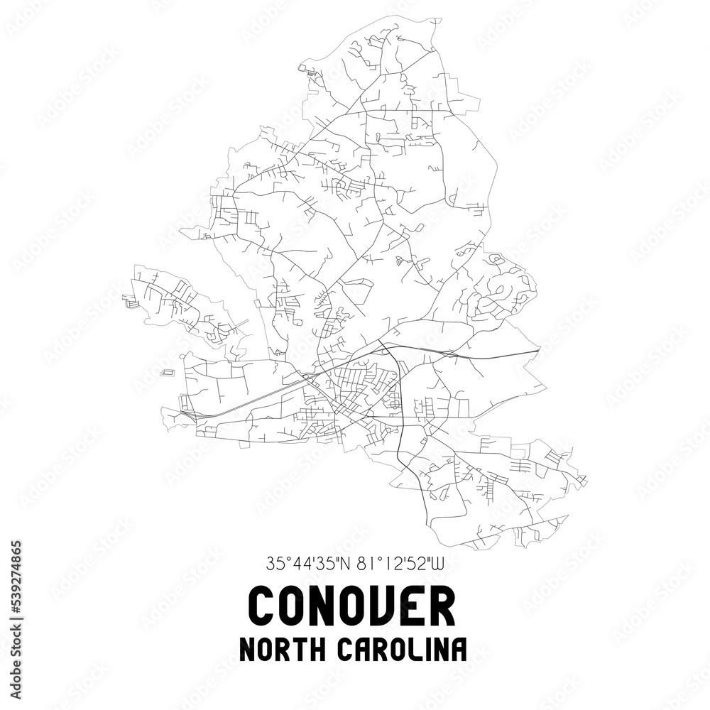 Conover North Carolina. US street map with black and white lines.
