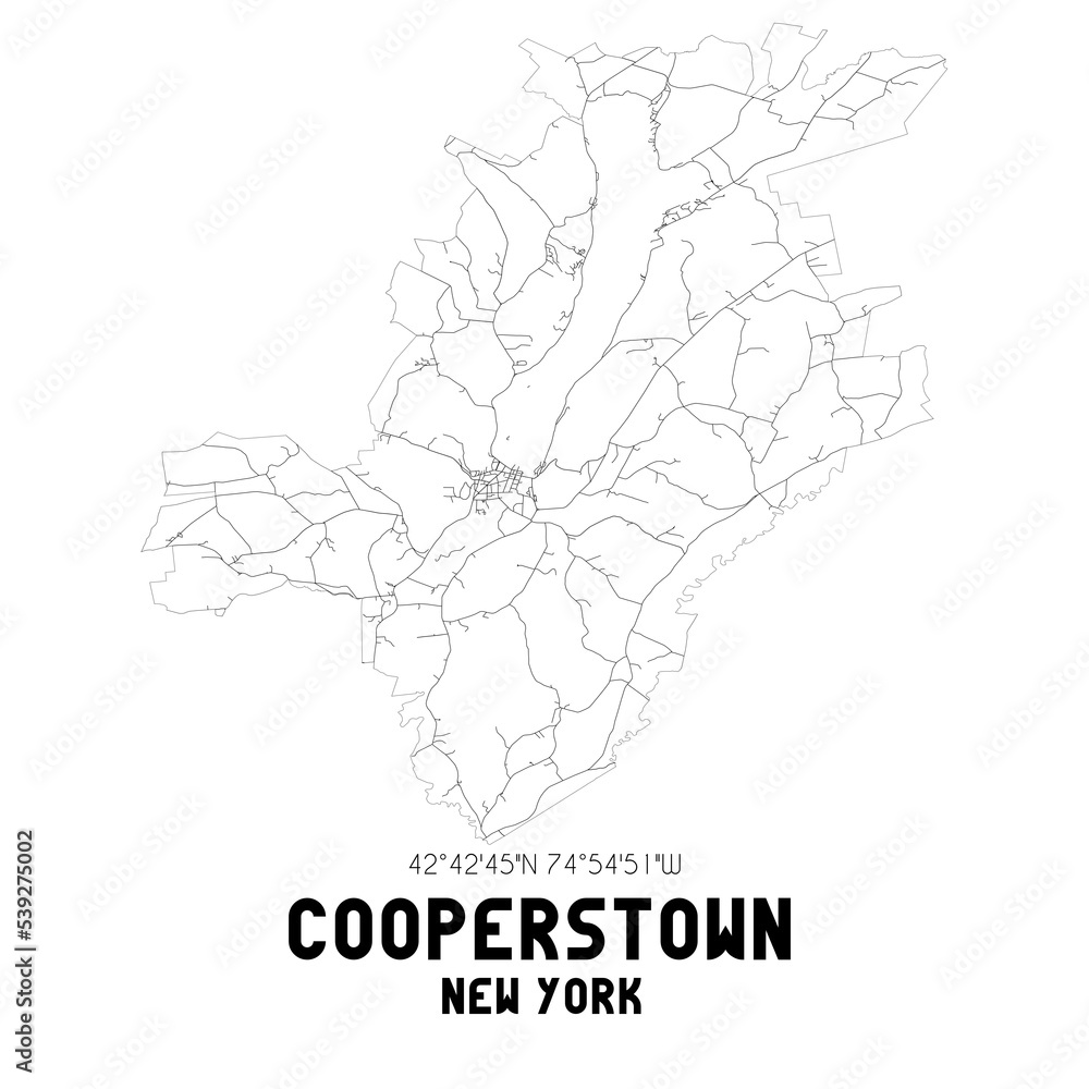 Cooperstown New York. US street map with black and white lines. Stock