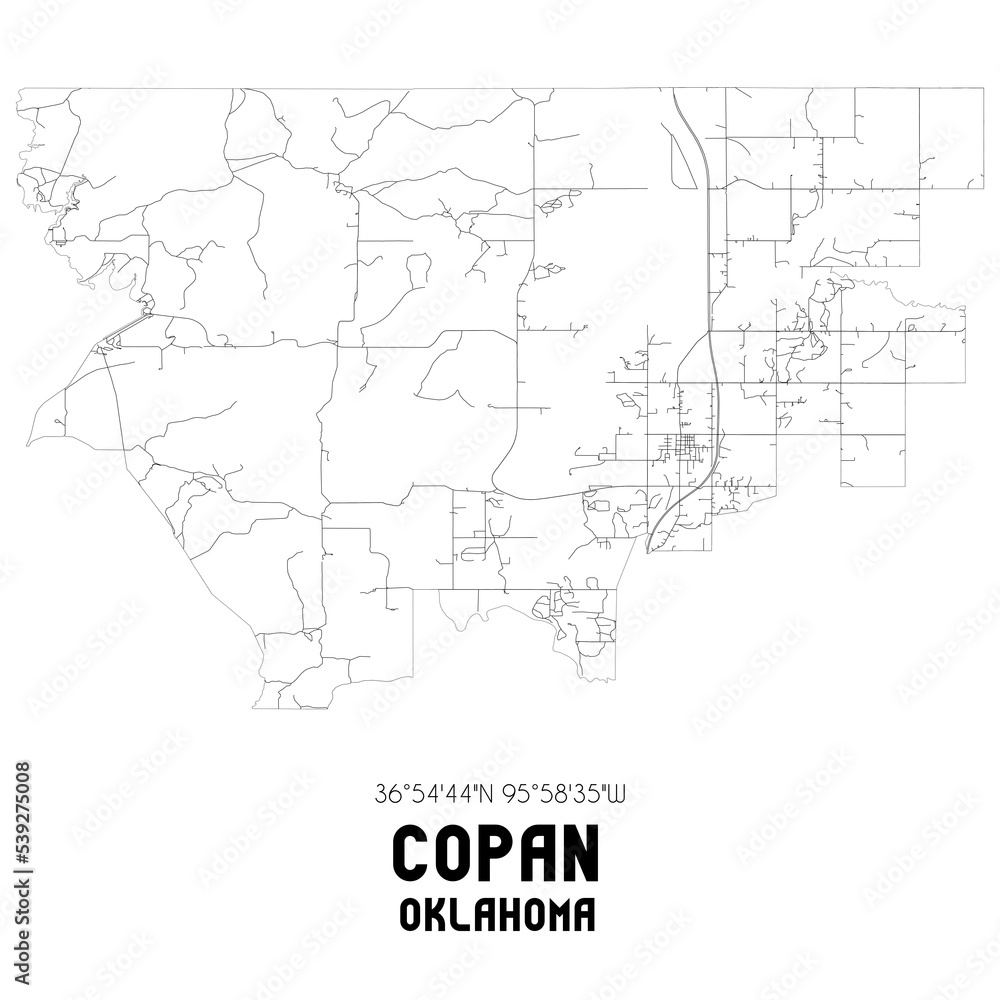 Copan Oklahoma. US street map with black and white lines.