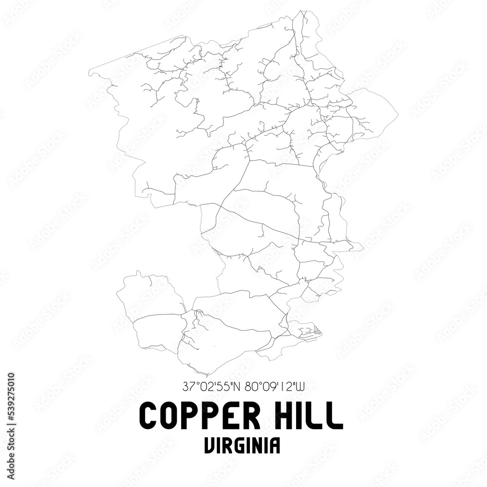 Copper Hill Virginia. US street map with black and white lines.