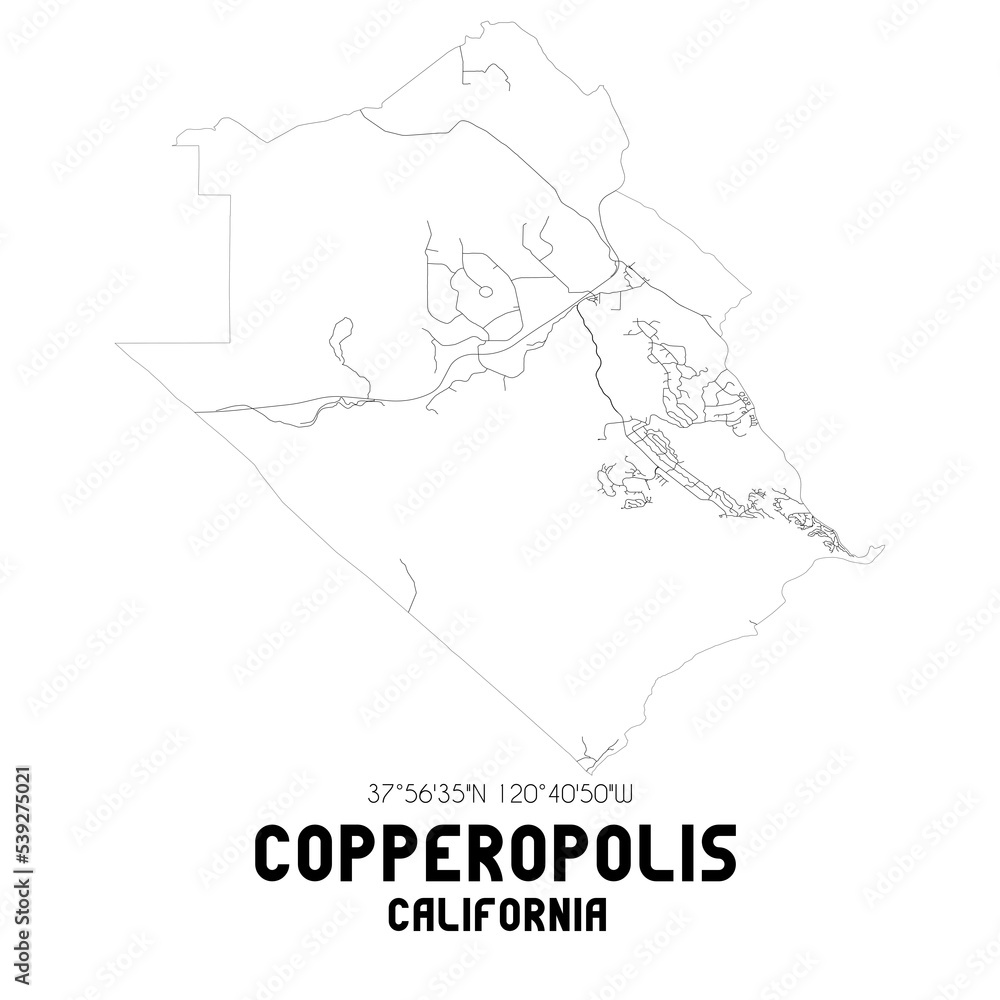 Copperopolis California. US street map with black and white lines.