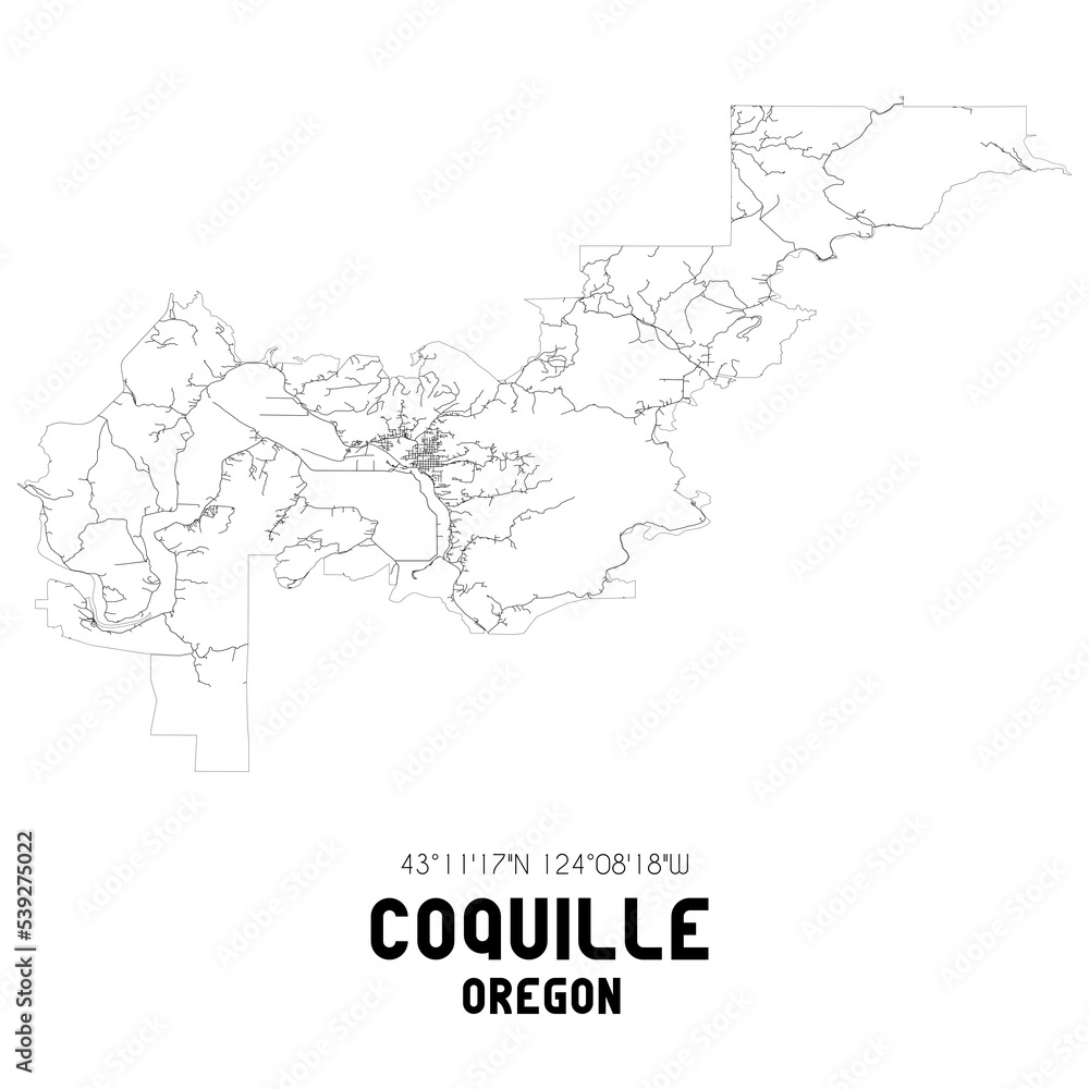 Coquille Oregon. US street map with black and white lines.