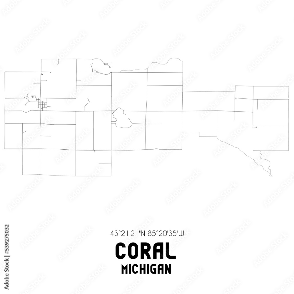 Coral Michigan. US street map with black and white lines.