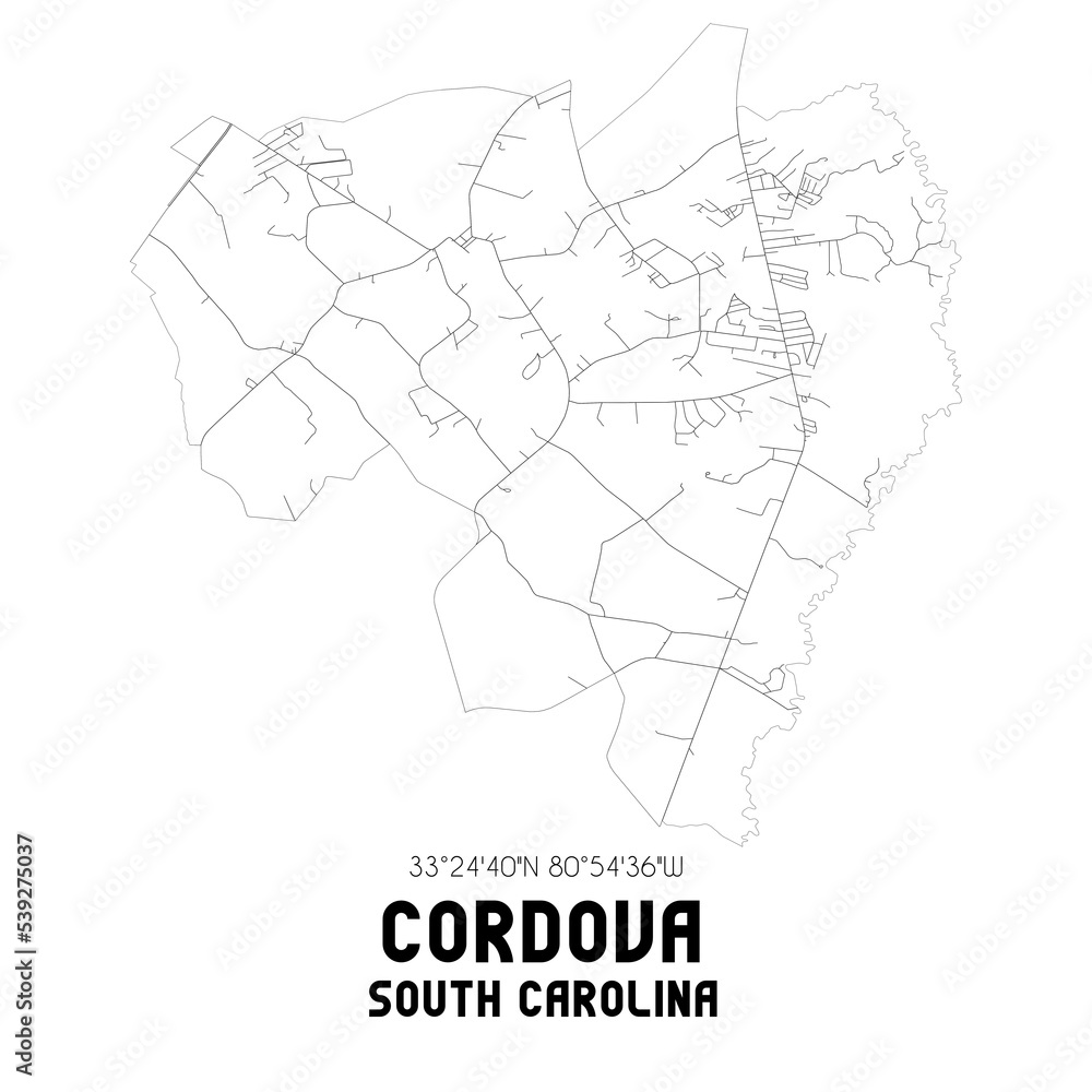 Cordova South Carolina. US street map with black and white lines.