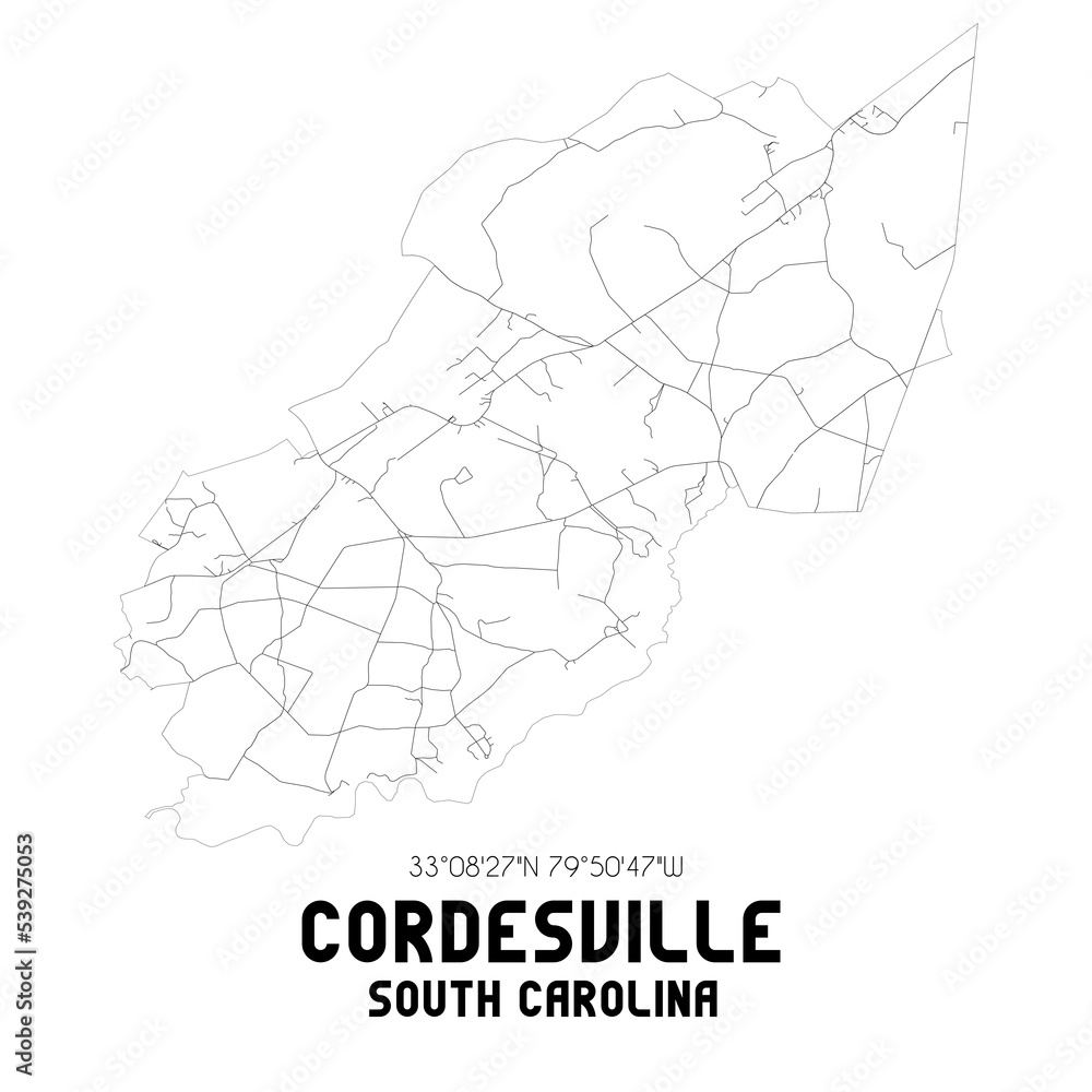 Cordesville South Carolina. US street map with black and white lines.