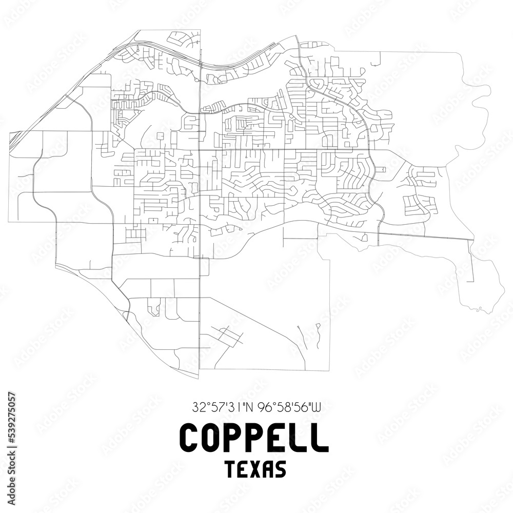 Coppell Texas. US street map with black and white lines.