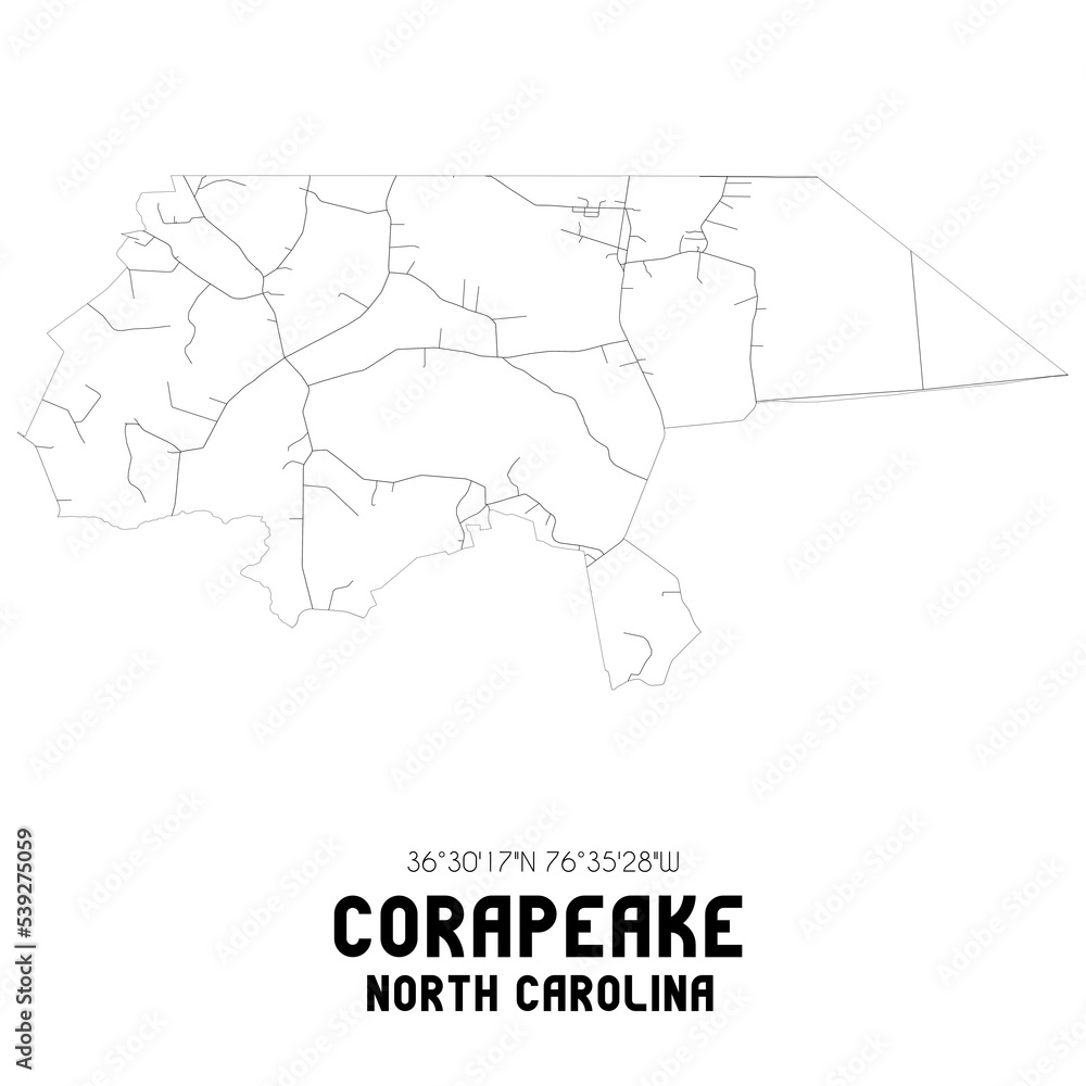 Corapeake North Carolina. US street map with black and white lines.