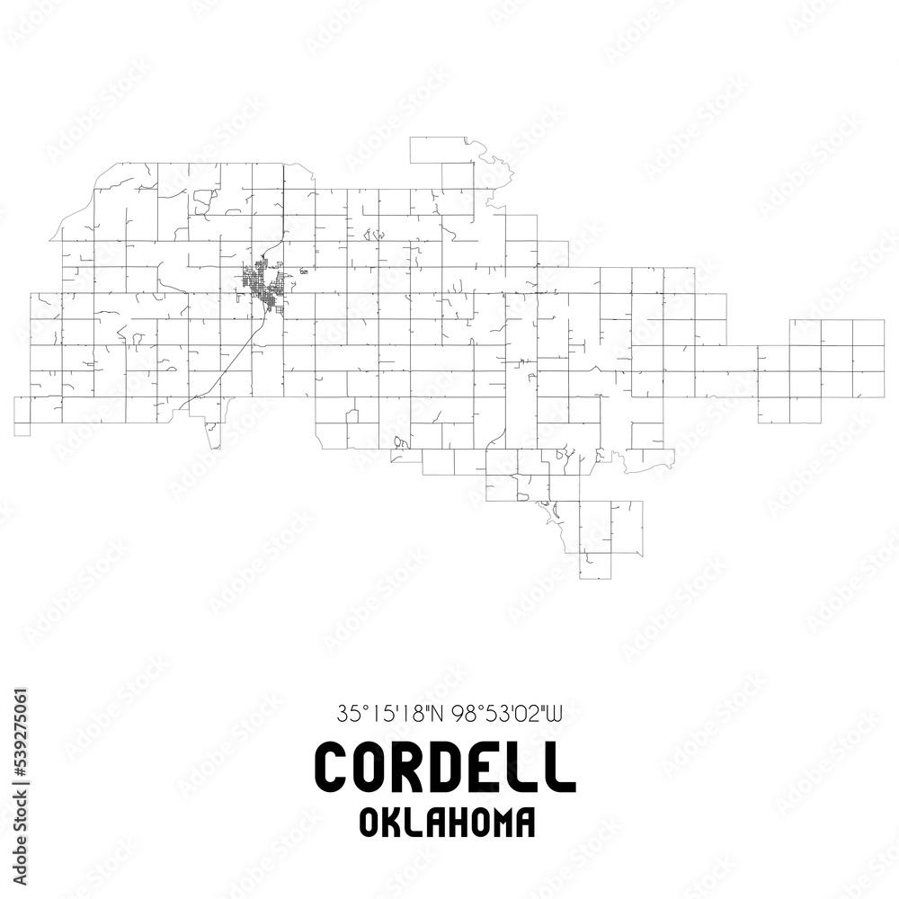Cordell Oklahoma. US street map with black and white lines. Cordell Oklahoma. US street map with black and white lines.