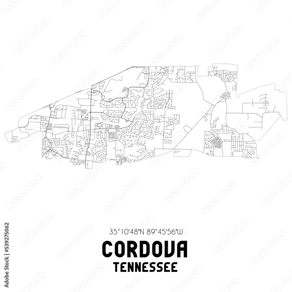 Cordova Tennessee. US street map with black and white lines.