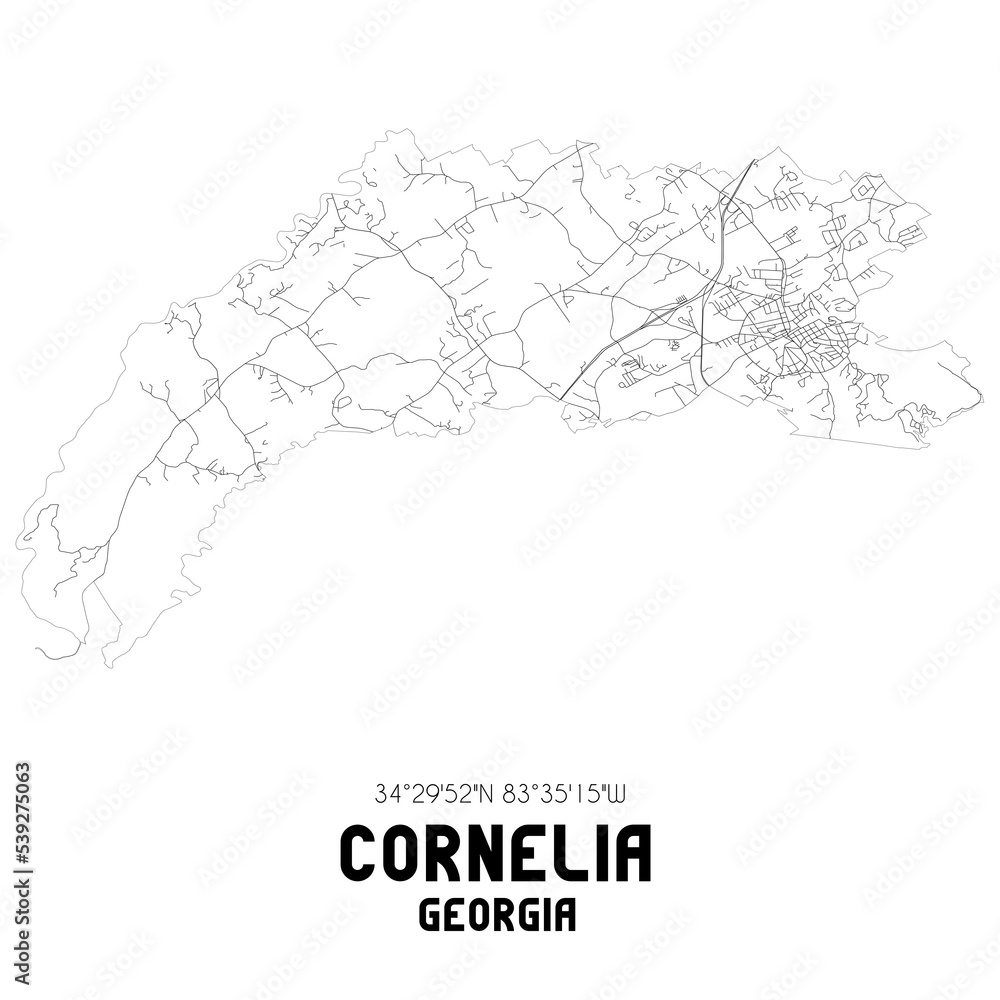 Cornelia Georgia. US street map with black and white lines.