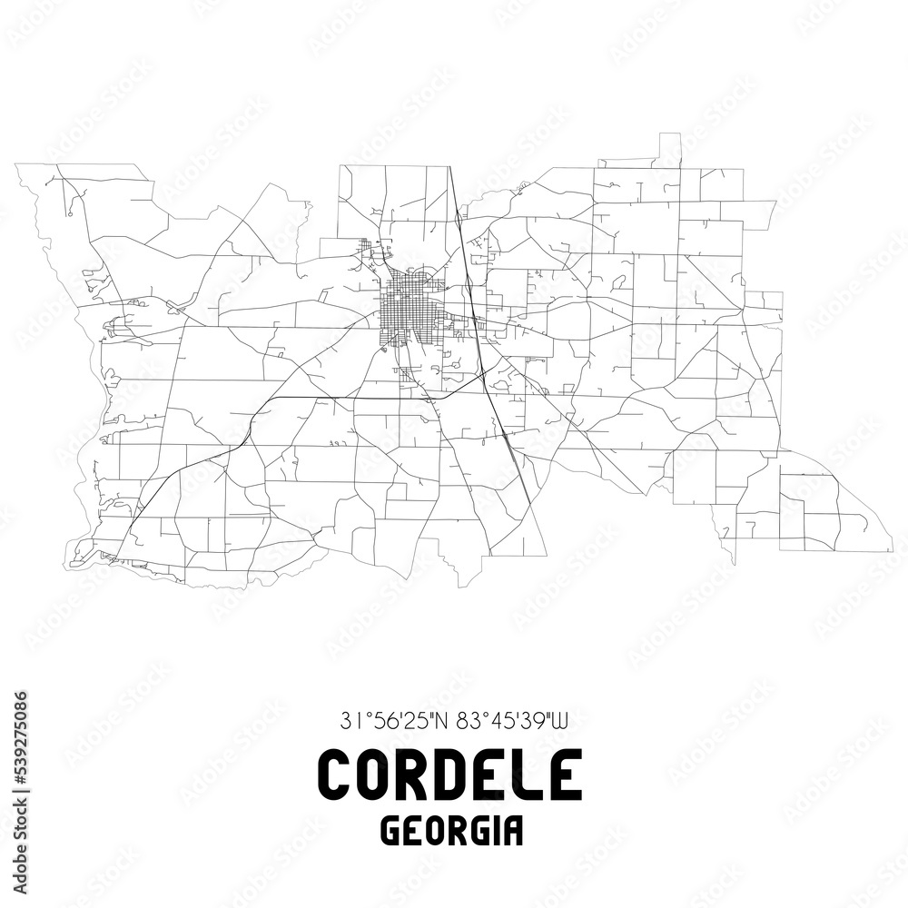 Cordele Georgia. US street map with black and white lines.
