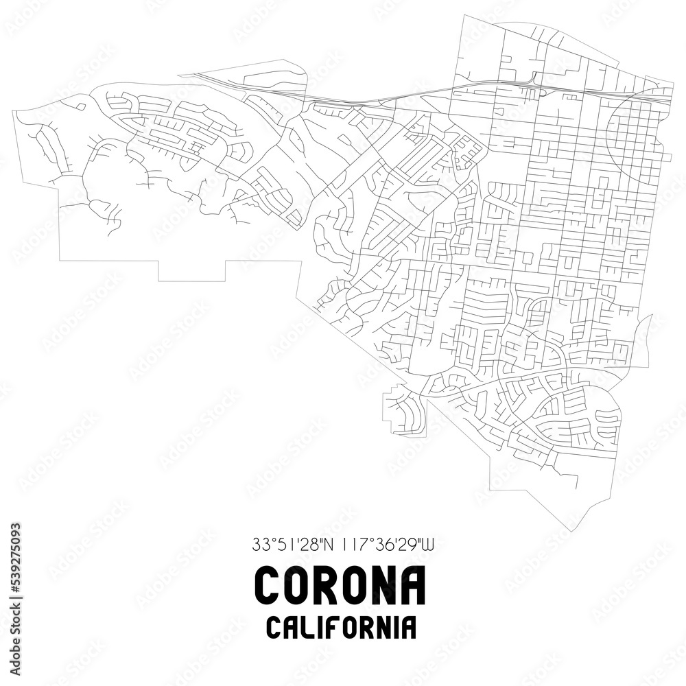 Corona California. US street map with black and white lines.