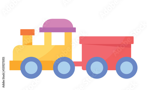 Baby toy icon. Colorful poster with plastic train or steam locomotive with trailer. Fun and play. Design element for stickers and print. Cartoon flat vector illustration isolated on white background © Mental Health