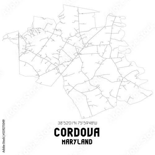 Cordova Maryland. US street map with black and white lines.