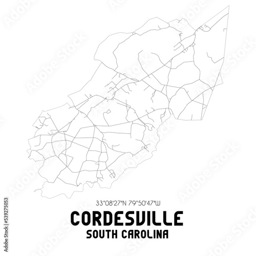 Cordesville South Carolina. US street map with black and white lines.
