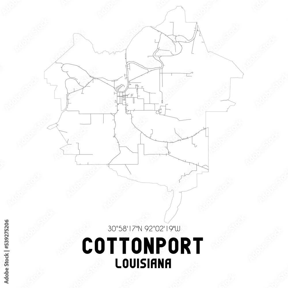 Cottonport Louisiana. US street map with black and white lines.