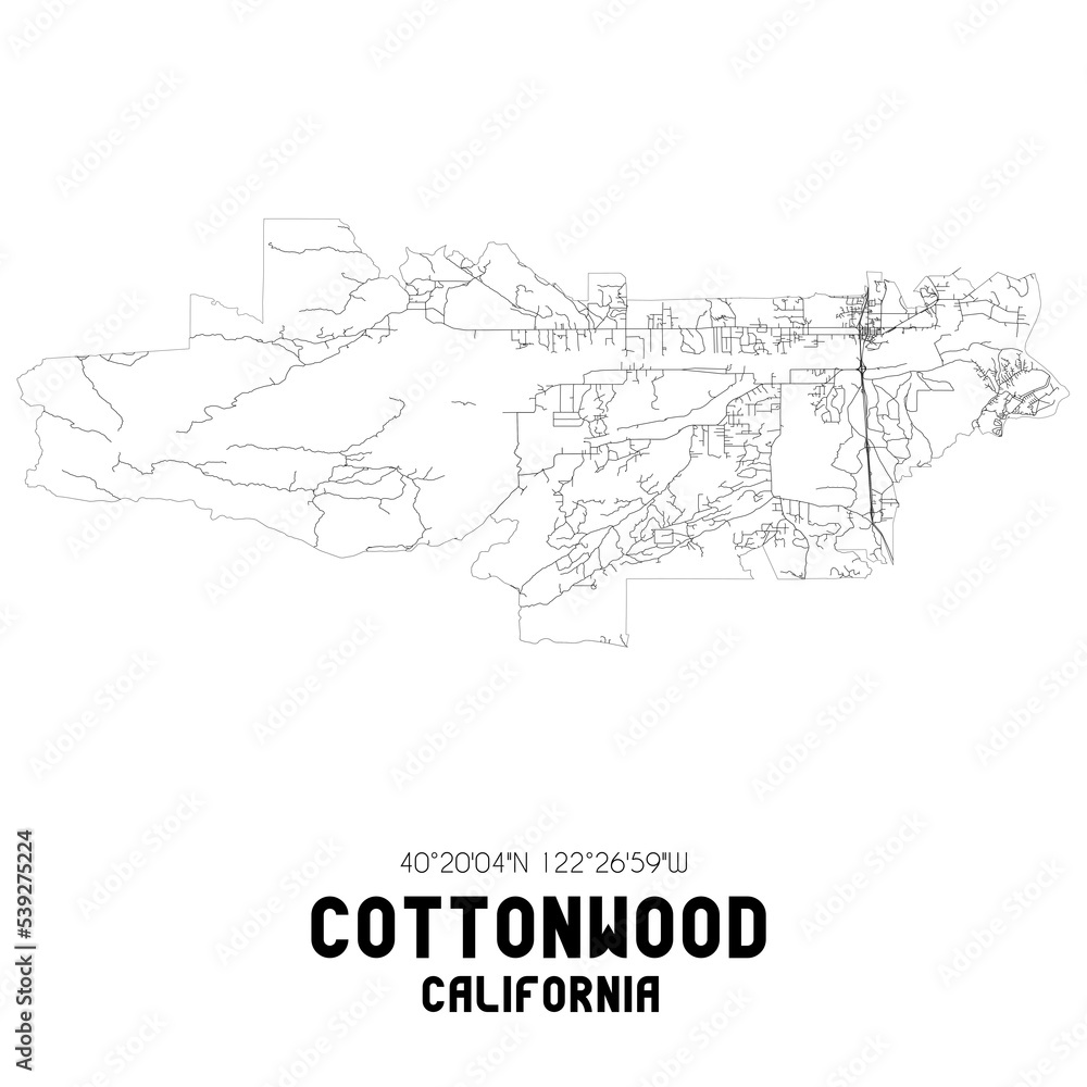 Cottonwood California. US street map with black and white lines.