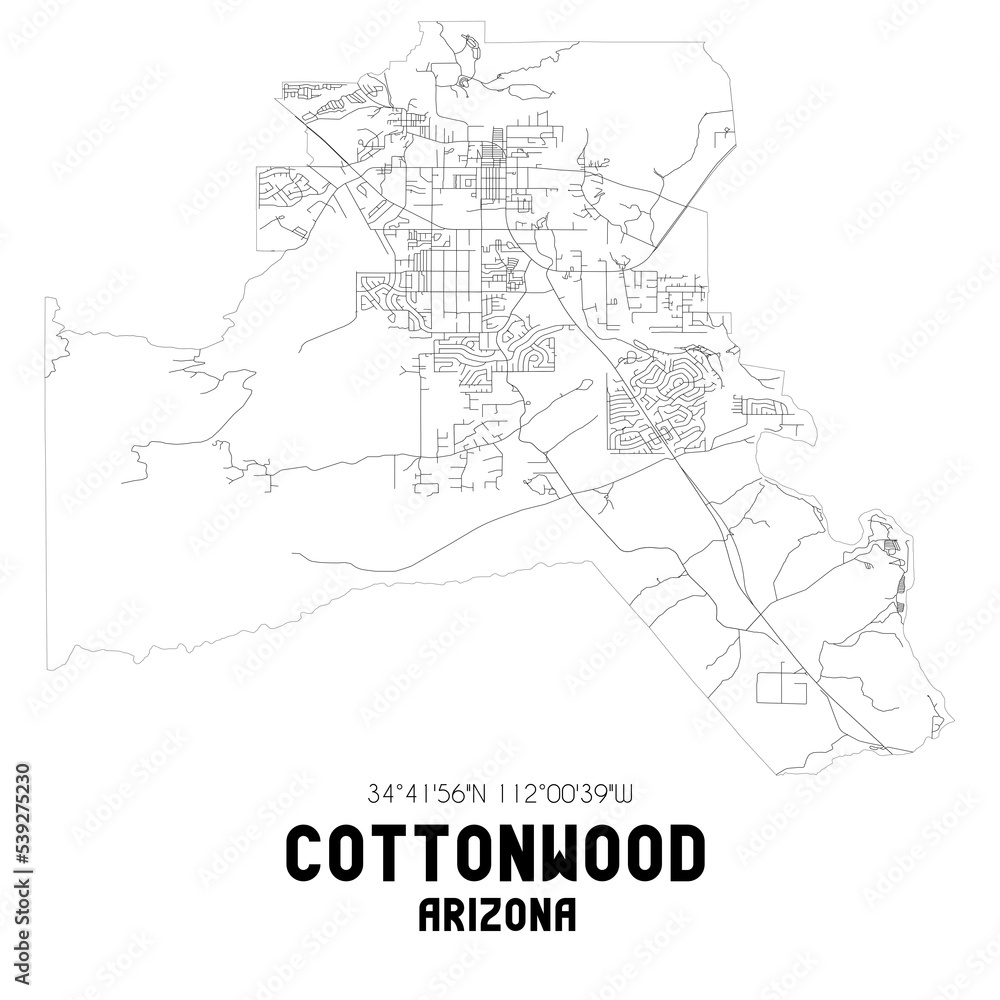 Cottonwood Arizona. US street map with black and white lines.