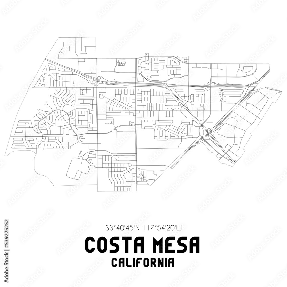 Costa Mesa California. US street map with black and white lines.