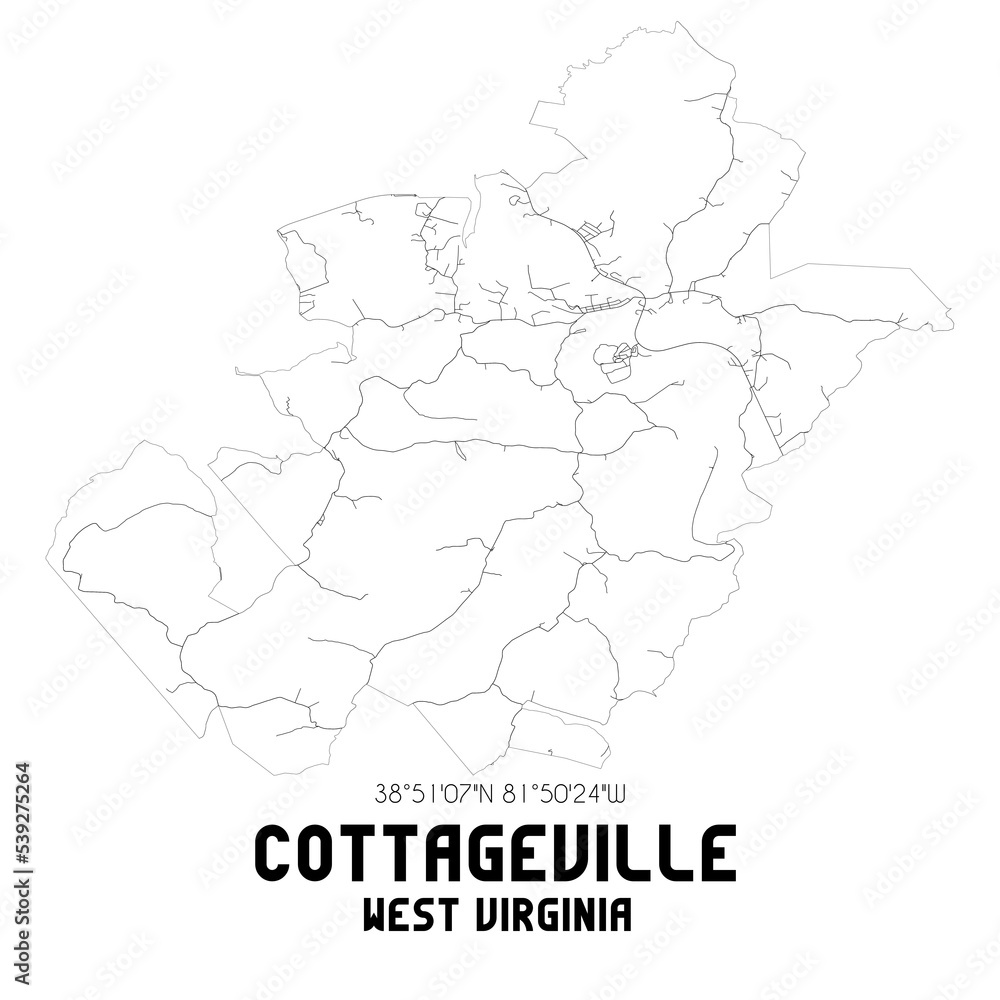 Cottageville West Virginia. US street map with black and white lines.