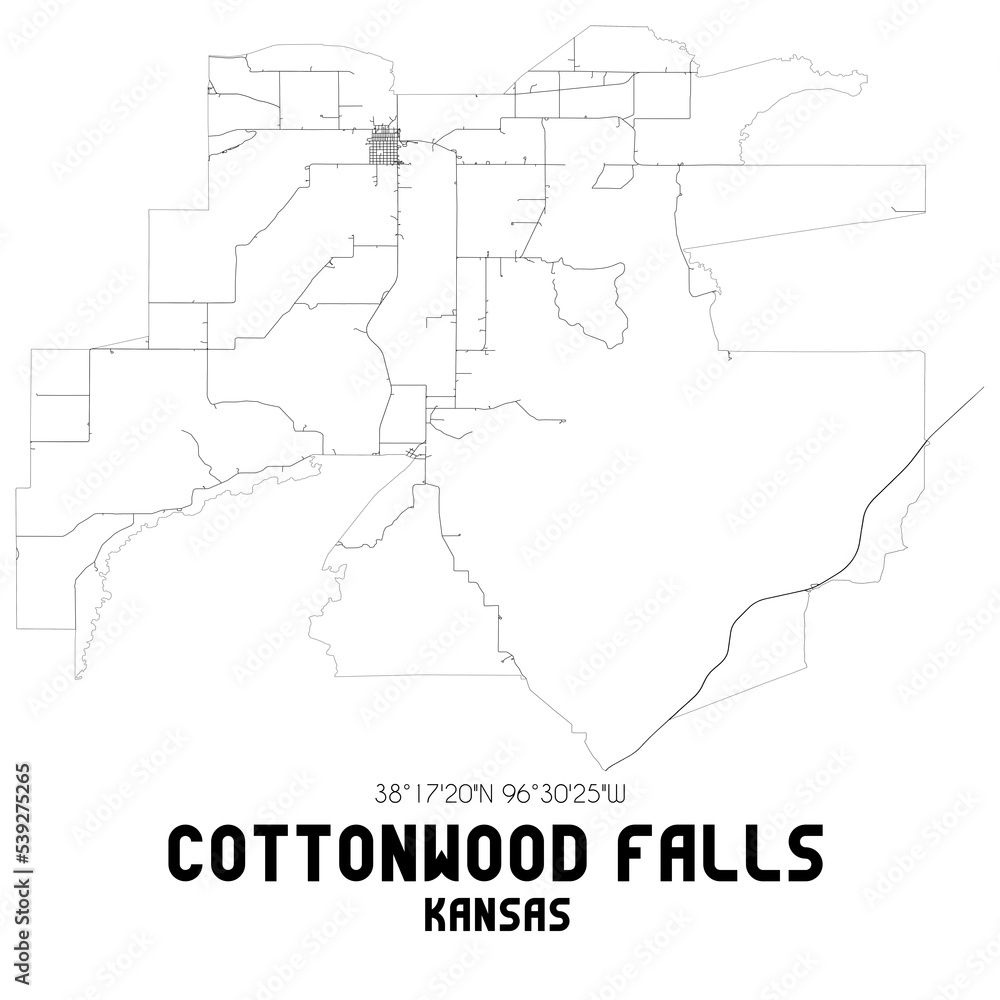 Cottonwood Falls Kansas. US street map with black and white lines.