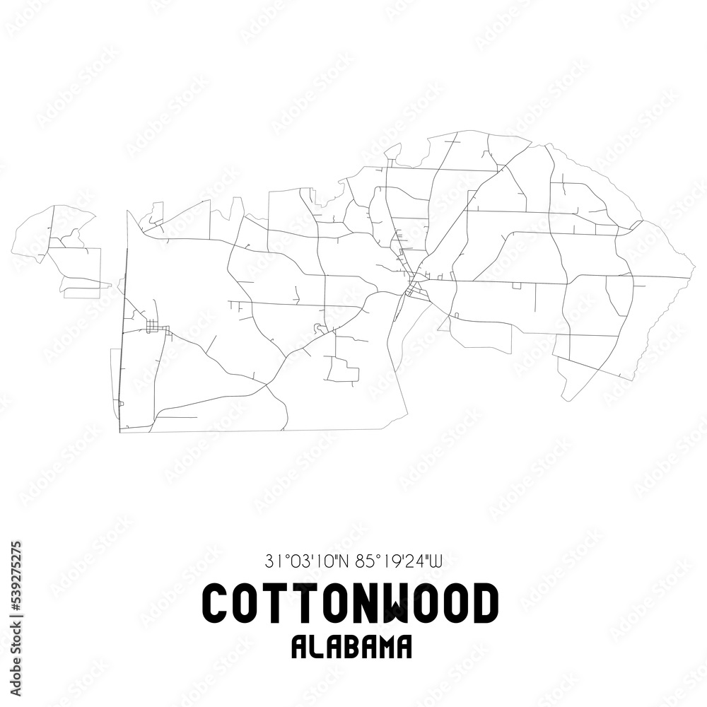 Cottonwood Alabama. US street map with black and white lines.