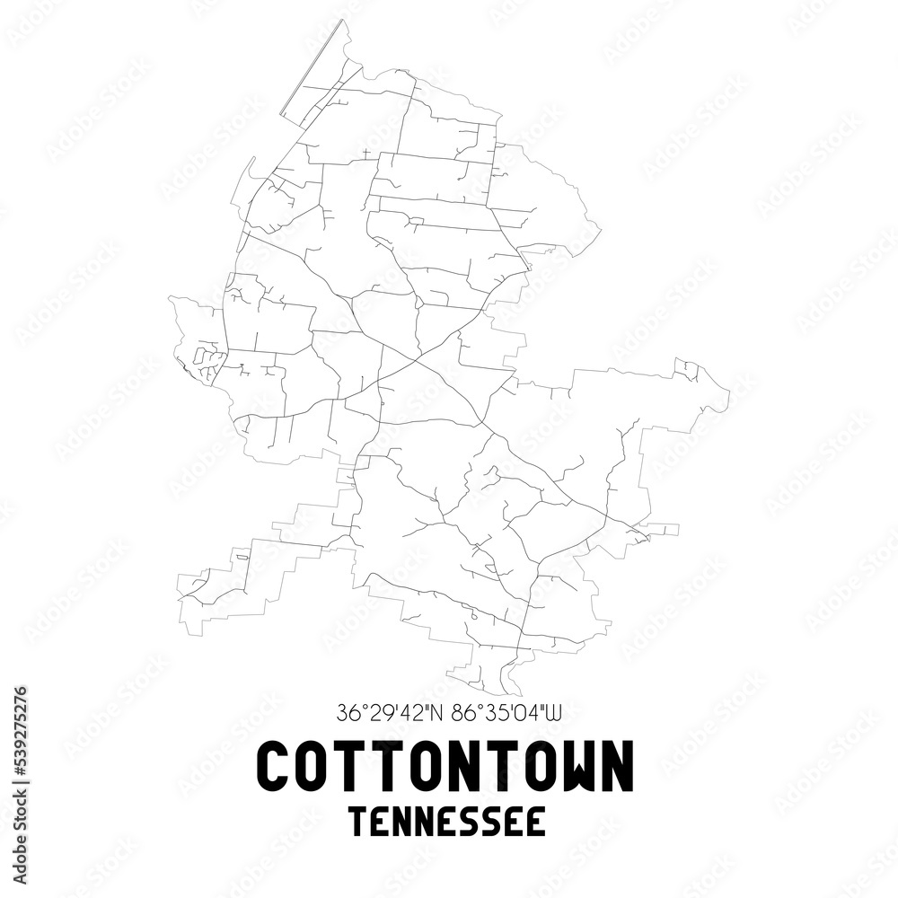 Cottontown Tennessee. US street map with black and white lines.
