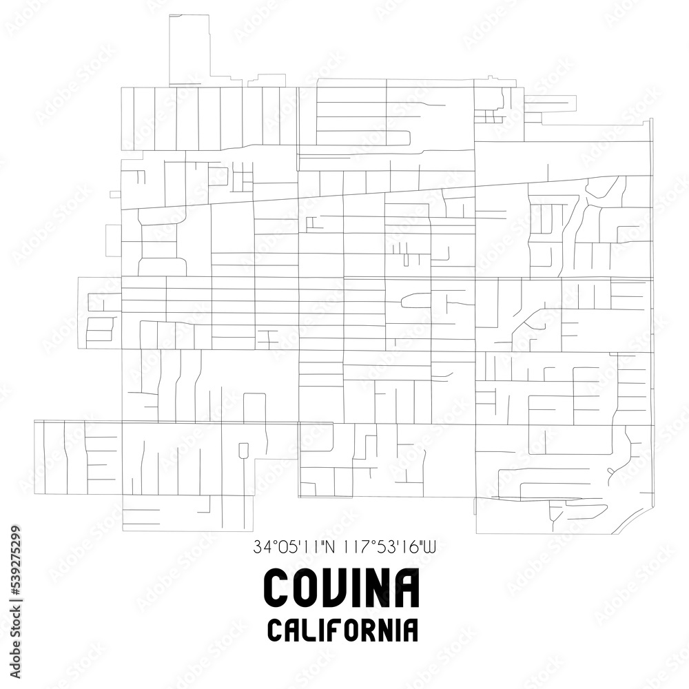Covina California. US street map with black and white lines.