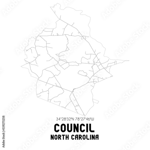 Council North Carolina. US street map with black and white lines.