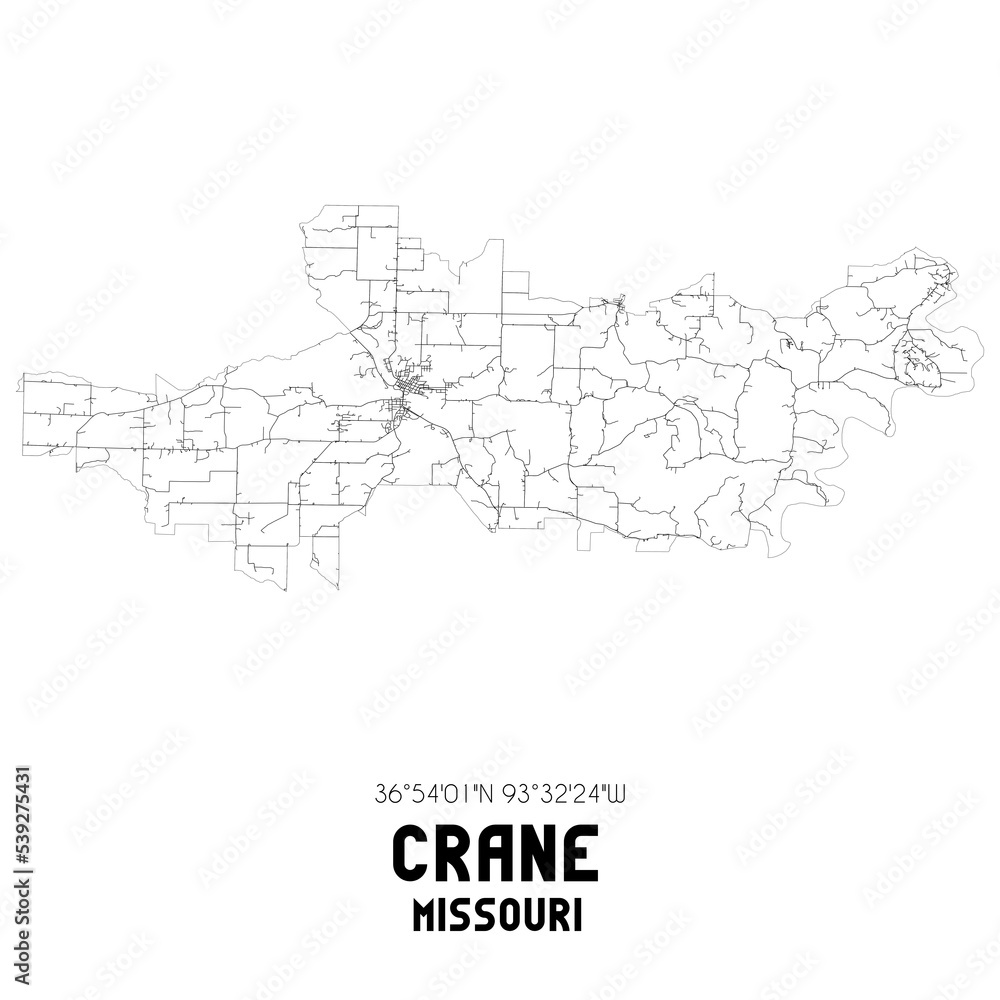 Crane Missouri. US street map with black and white lines.