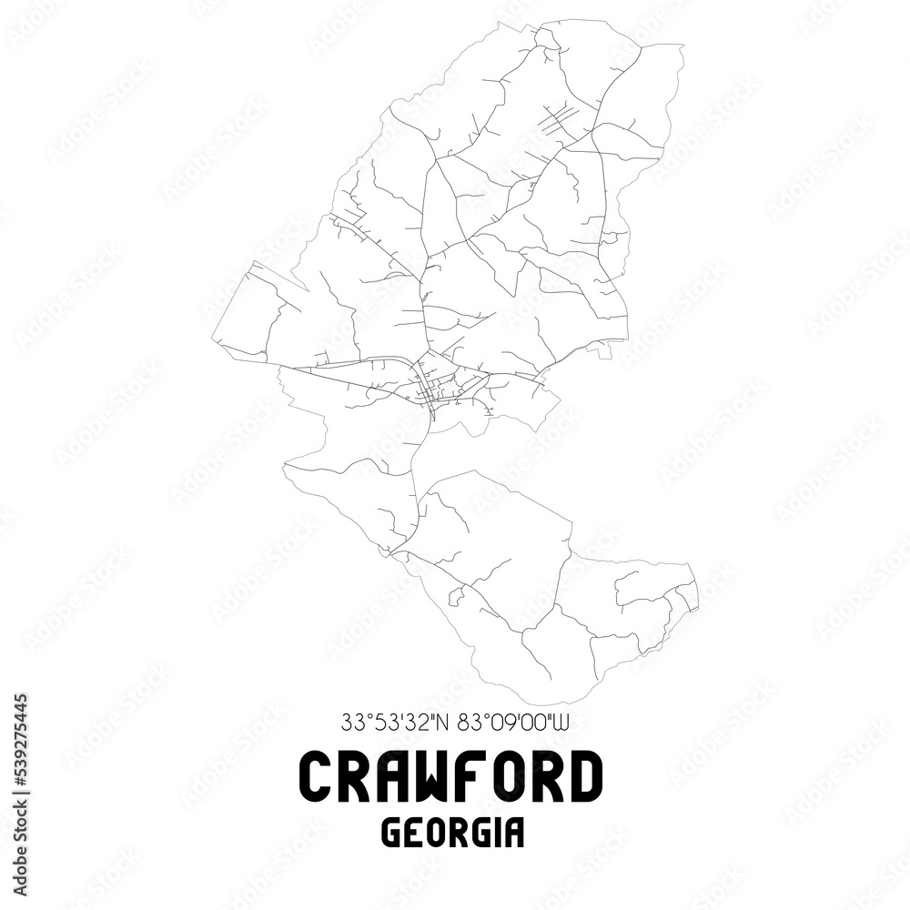 Crawford Georgia. US street map with black and white lines.